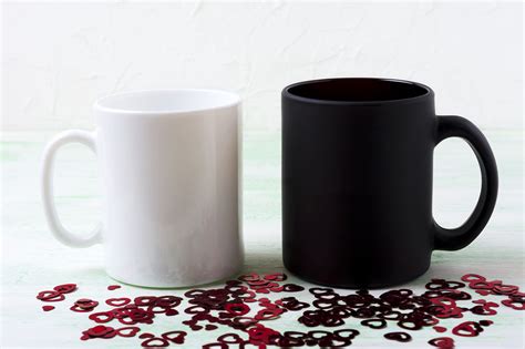Download White and black mug mockup with red glitter hearts